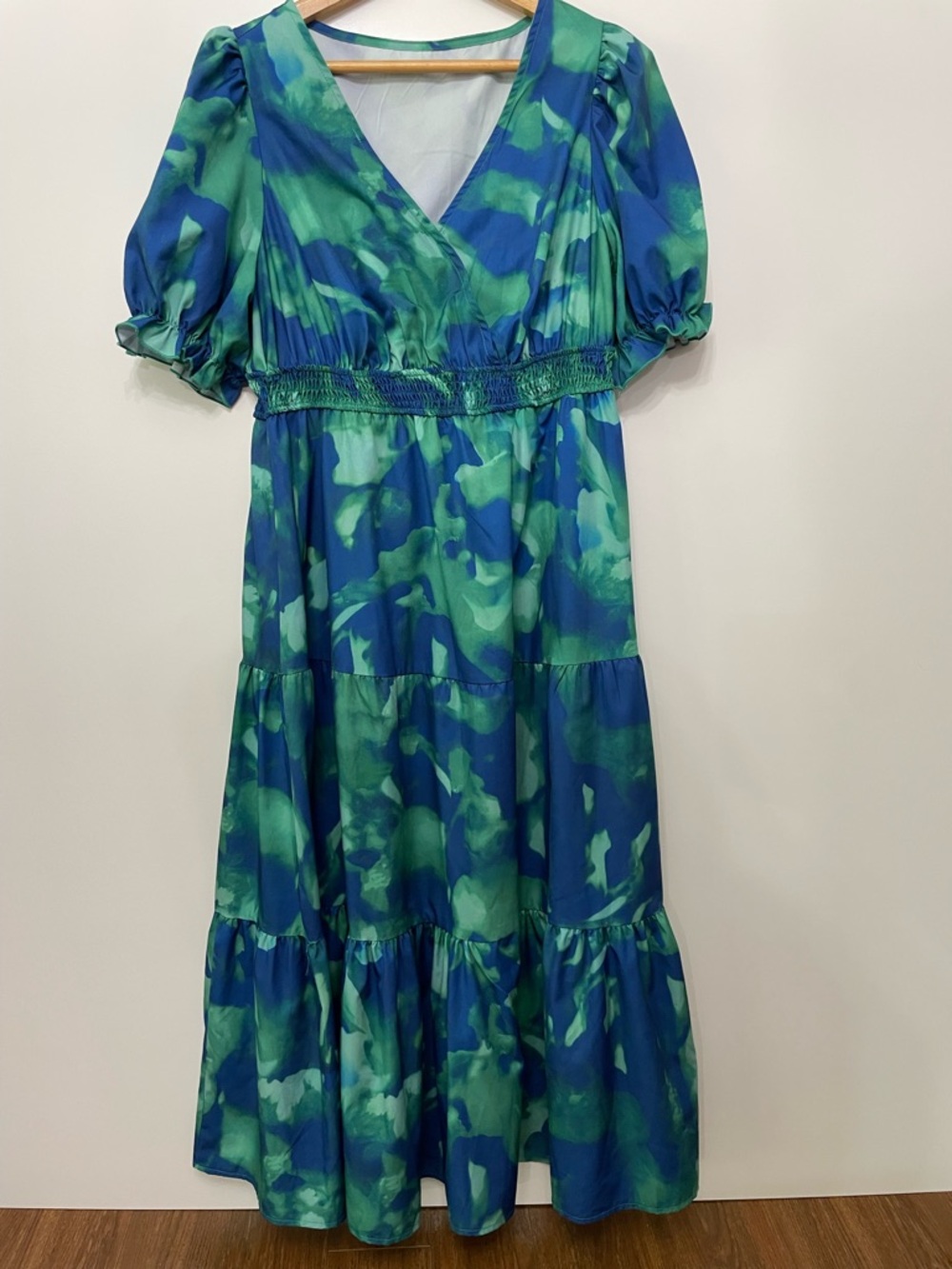 Maternity Blue Green Watercolor V-Neck Maxi Flowy Ruffle Dress Womens XL Mermaid